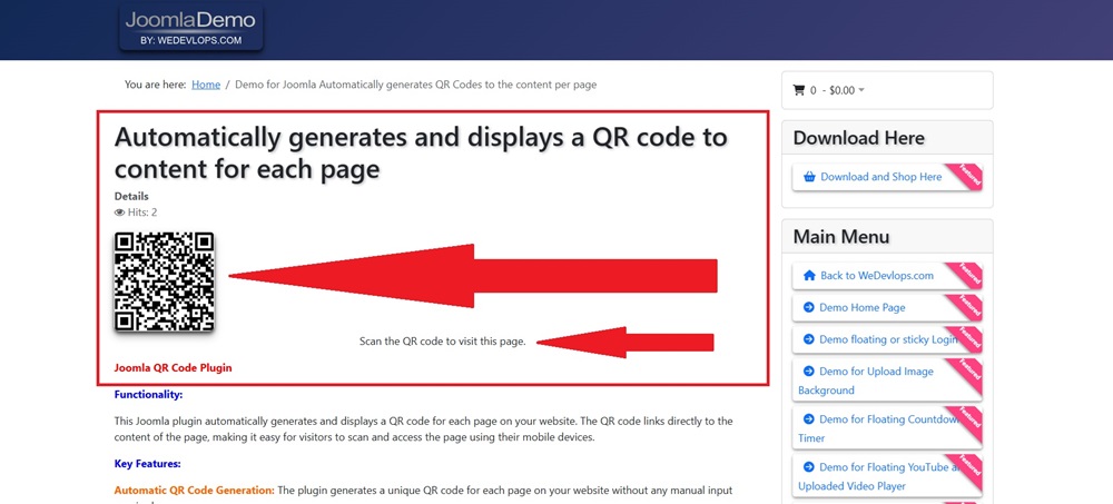 Front end demo Joomla plugin for automatically generates qr codes for each content