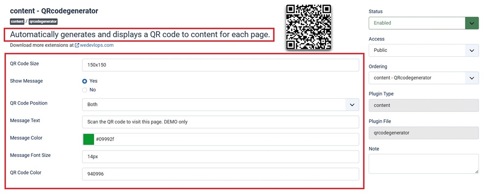 Joomla Plugin Settings backend for automatically generates qr codes for each content