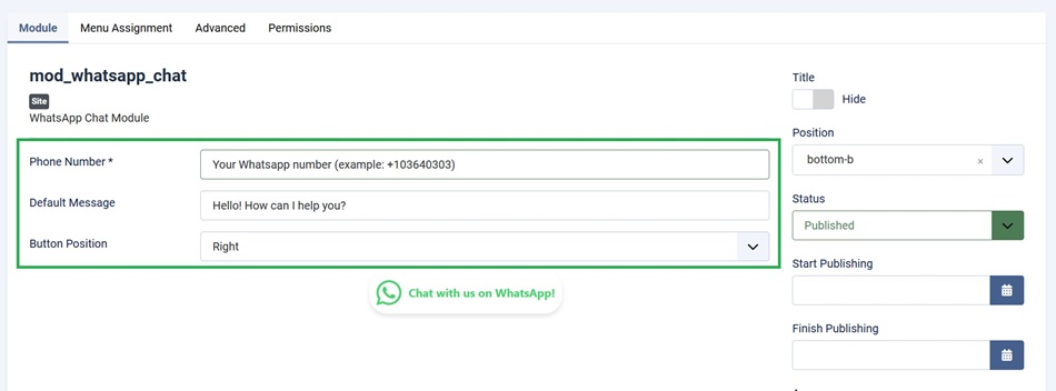 Module backend setting for Joomla Whatsapp