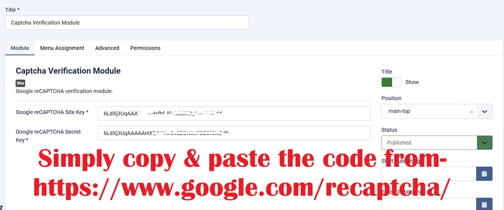 google reCAPTCHA captcha before browsing backend settings Joomla module