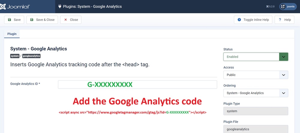 google analytics for Joomla 5 header plugin