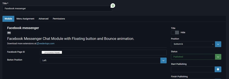 Facebook page messenger for business chat module setting for Joomla