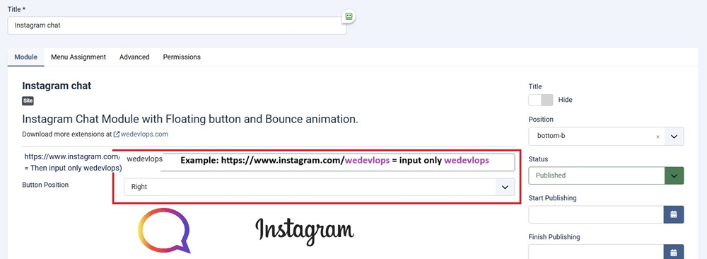 Instagram chat module for Joomla settings