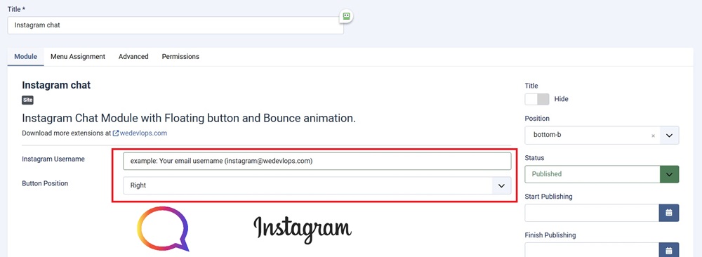 Instagram chat module for Joomla settings