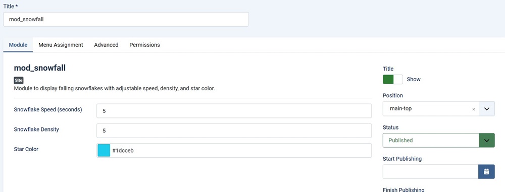 Snow flakes with star effect backend settings speed dessity and star color