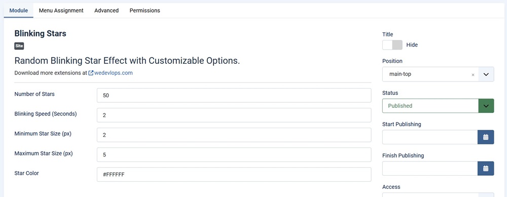 blinking stars animation for Joomla website settings