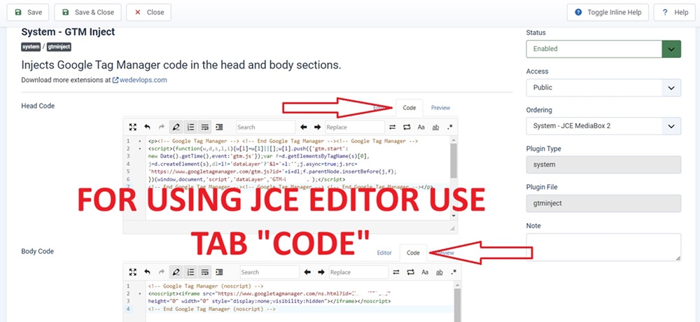joomla5 tag manager plugin backend settings using JCE editor
