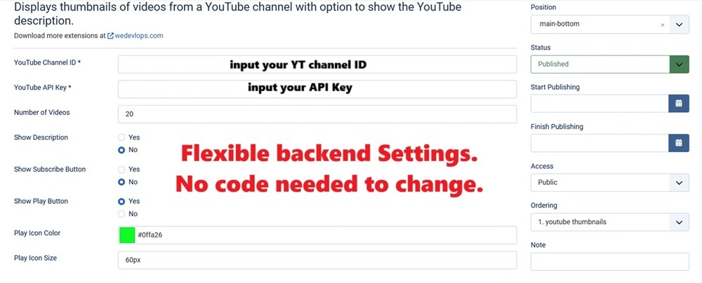 YouTube Joomla Module Thubnail Layout backend settings