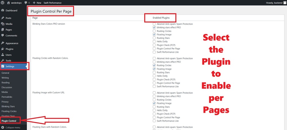 plugin control per page settings on the backend